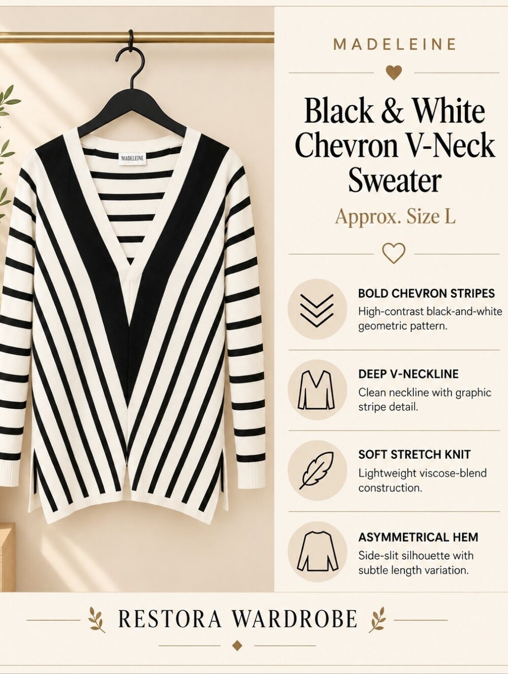 Madeleine V-Neck Sweater Black White Chevron Stripe Retro Mod Approx L